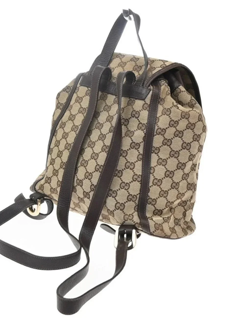GUCCI Logo GG Pattern Backpack Bag Canvas Leather Brown GHW Italy 77YJ322
